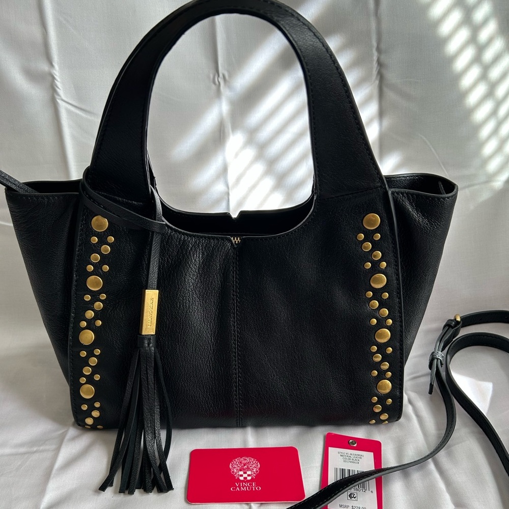 Vince Camuto Black Pebbled Leather Studded Shoulder Bag with Tassel